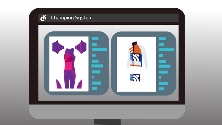template layout for champion system custom clothing. With a template of a wind breaker jacket, and a triathlon suit. 
